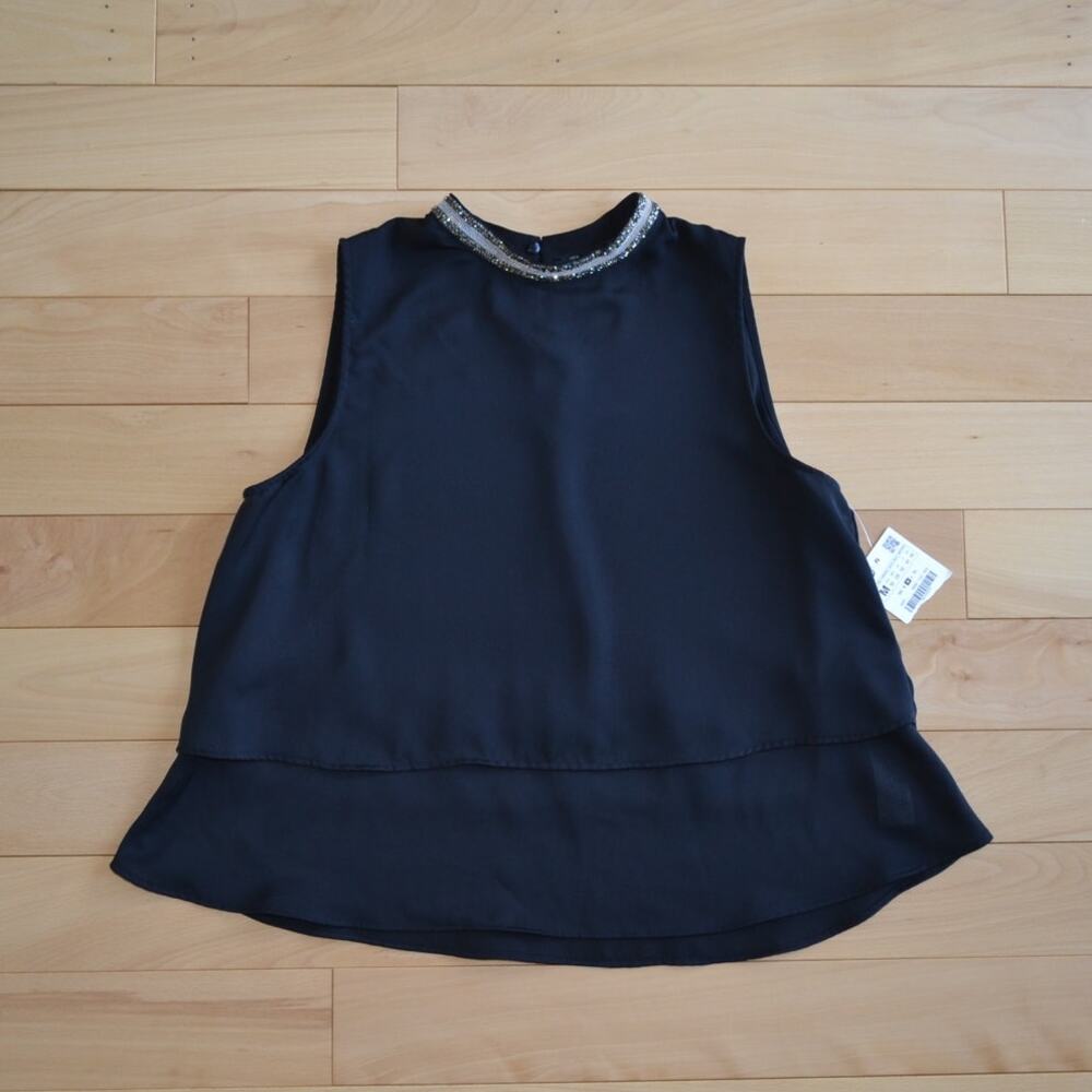 NWT ZARA Basic Blouse Top Shirt Size M Black with Collar Detail